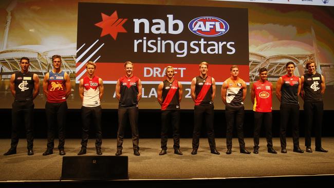 2015’s top 10 picks (from left) Jacob Weitering, Josh Schache, Callum Mills, Clayton Oliver, Darcy Parish, Aaron Francis, Jacob Hopper, Callum Ah Chee, Sam Weideman and Harry McKay. Picture: Simon Cross