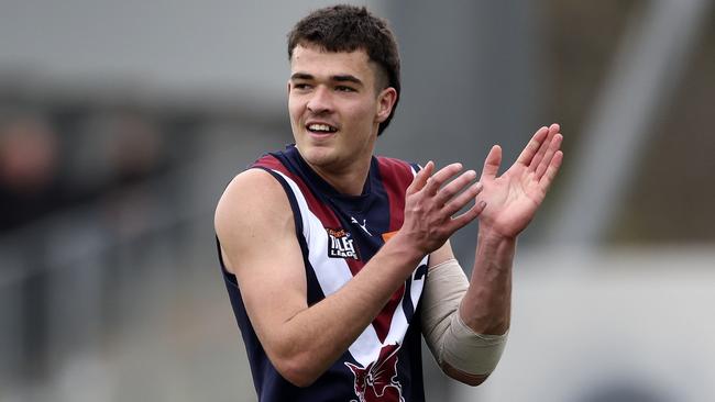 MELBOURNE, AUSTRALIA - SEPTEMBER 21: Harry Armstrong of the Dragons celebrates a goal during the 2024 Coates Talent League Boys Grand Final match between the Sandringham Dragons and GWV Rebels at IKON Park on September 21, 2024 in Melbourne, Australia. (Photo by Martin Keep/AFL Photos via Getty Images)