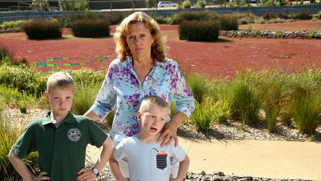 Dianna Boyd with grandchildren Kaeden and Mason is worried a child might mistake the lake for solid ground. Picture: Hamish Blair