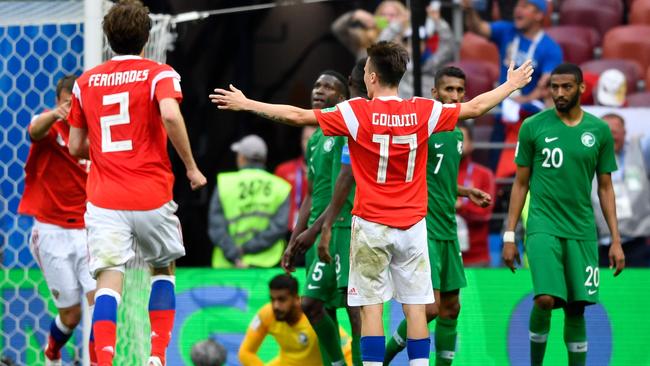 Russia's midfielder Aleksandr Golovin celebrates scoring against Saudi Arabia. Picture: AFP