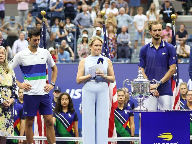 NEW YORK, NEW YORK - SEPTEMBER 12: Michael McNulty, USTA President, speaks at the trophy ceremony after Daniil Medvedev of Russia defeated Novak Djokovic of Serbia during the Men's Singles final match on Day Fourteen of the 2021 US Open at the USTA Billie Jean King National Tennis Center on September 12, 2021 in the Flushing neighborhood of the Queens borough of New York City.   Matthew Stockman/Getty Images/AFP == FOR NEWSPAPERS, INTERNET, TELCOS & TELEVISION USE ONLY ==