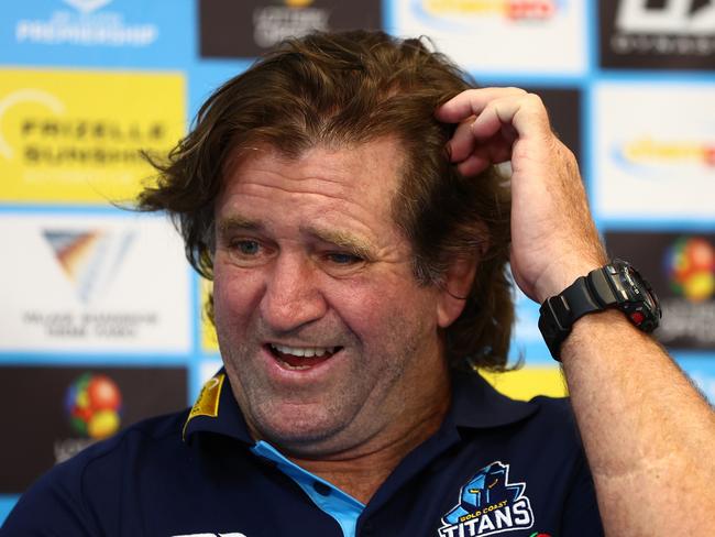 GOLD COAST, AUSTRALIA - MARCH 30: Des Hasler head coach of the Titans speaks to the media during the round four NRL match between Gold Coast Titans and Dolphins at Cbus Super Stadium, on March 30, 2024, in Gold Coast, Australia. (Photo by Chris Hyde/Getty Images)