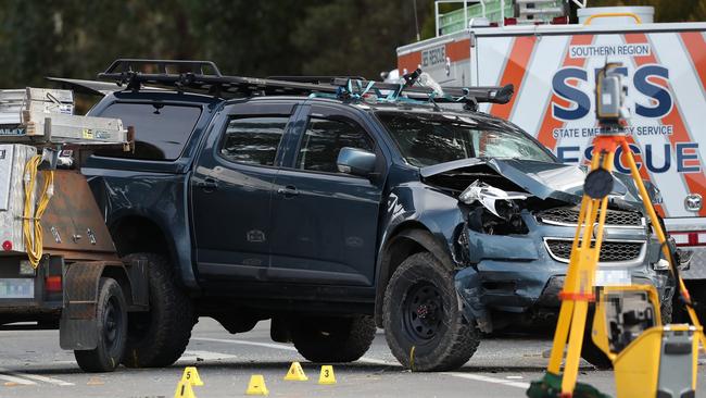 A two-vehicle crash on the Huon Highway between Huonville and Franklin on Saturday. Picture: NIKKI DAVIS-JONES