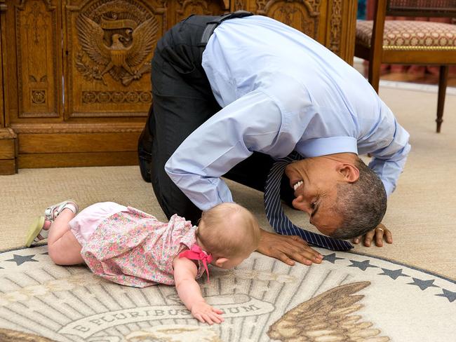 June 4, 2015: “At the President’s insistence, Deputy National Security Advisor Ben Rhodes brought his daughter Ella by for a visit. As she was crawling around the Oval Office, the President got down on his hands and knees to look her in the eye.” Picture: Official White House Photo by Pete Souza