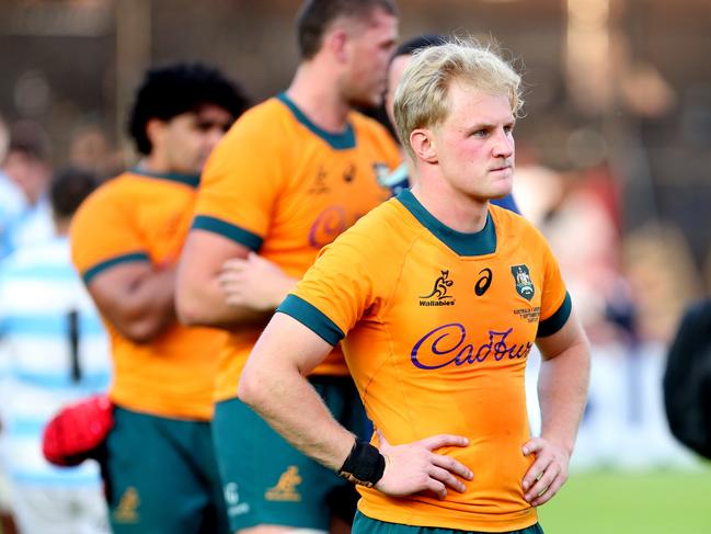 Tom Lynagh looks dejected after Australia’s humbling at the hands of Argentina last September. Picture: Getty