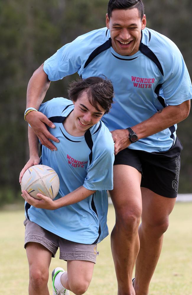 Israel Folau and Thomas Finck at St Columban’s College. Picture: Glenn Barnes