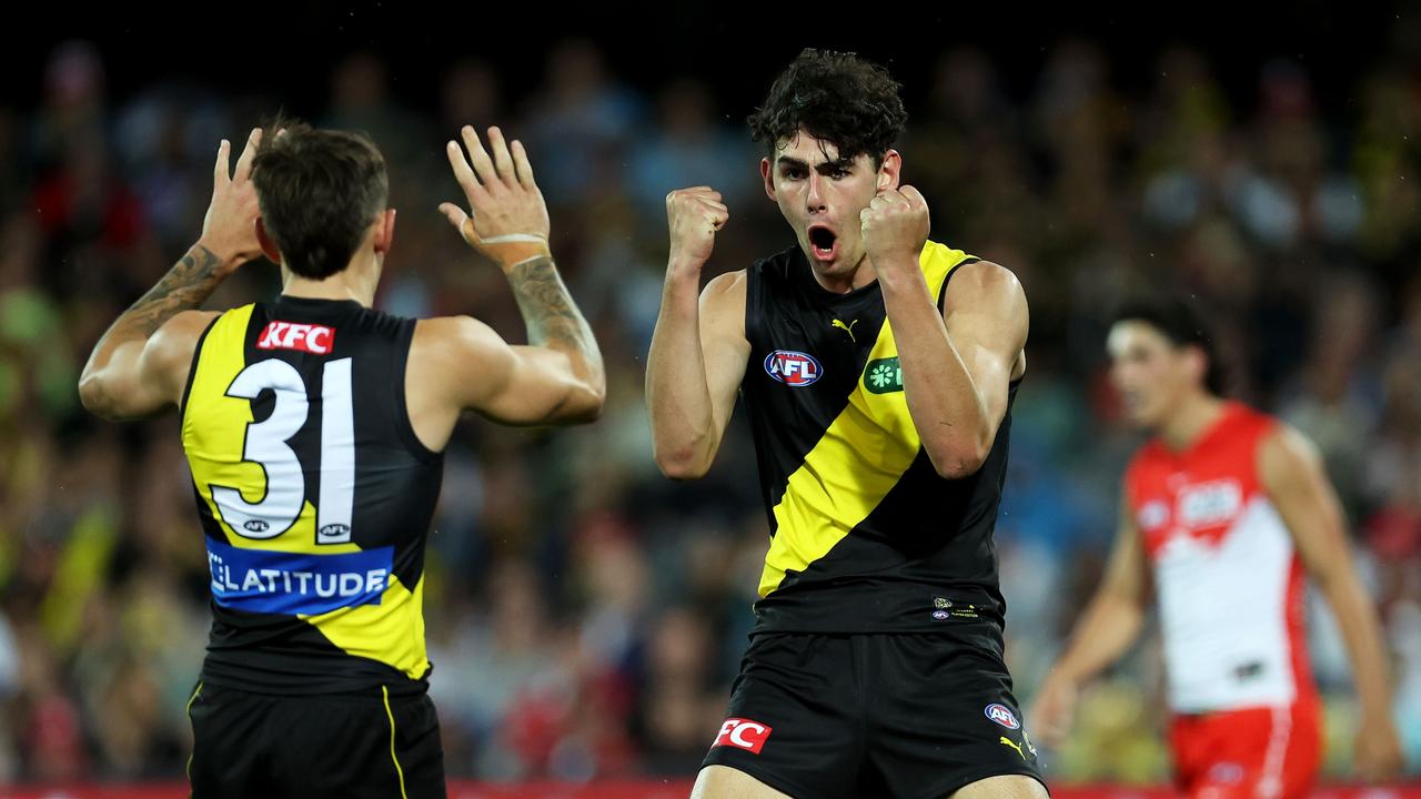 Samson Ryan celebrates his goal, but he dropped several marks. Picture: James Elsby/AFL Photos via Getty Images