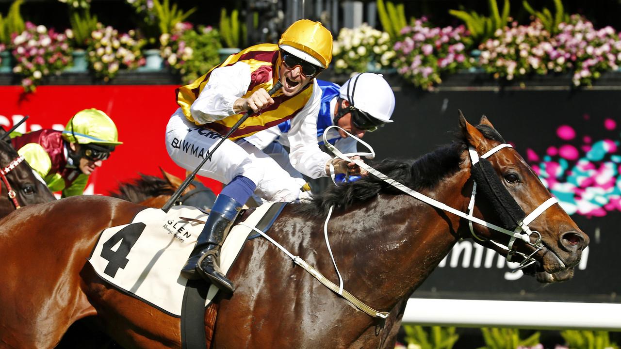 Turnbull Stakes Day at Flemington Racecourse, Race 7 - Turnbull Stakes, Hugh Bowman onboard Preferment wins from Royal Descent. 4th October 2015. Picture: Colleen Petch.