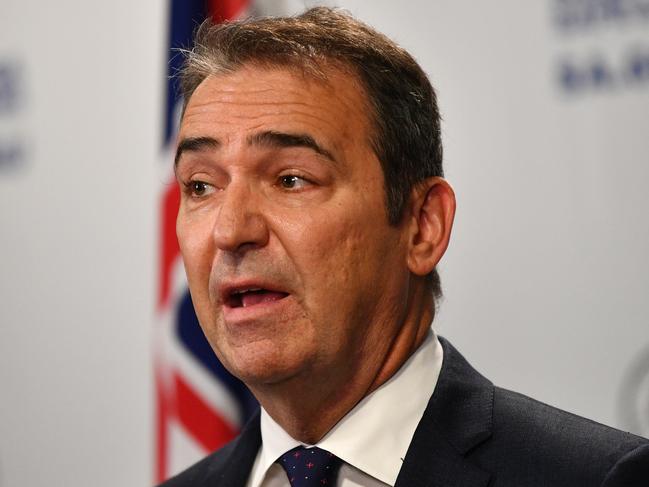 South Australian Premier Steven Marshall speaks to the media in Adelaide, Monday, April 20, 2020. The Australian Government recently announced tighter restrictions around social gatherings, and boosted stimulus spending, in attempts to fight off the coronavirus and it's affects on the economy. (AAP Image/David Mariuz) NO ARCHIVING