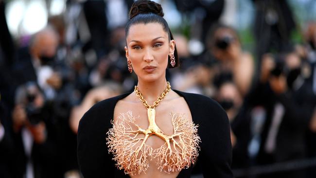 US model Bella Hadid in Schiaparelli for the screening of the film, Tre Piani (Three Floors) at the 74th edition of the Cannes Film Festival in Cannes, southern France, on July 11, 2021. Picture: Christophe Simon/AFP.