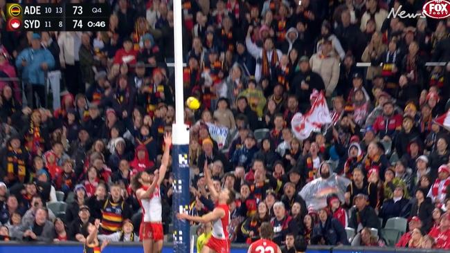 Ben Keays clearly kicked a goal, but it was denied. Picture: Fox Sports