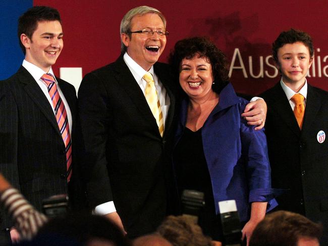 Kevin Rudd with his wife Therese Rein and sons Marcus and Nicholas on the night he won the 2007 election. Picture: AAP