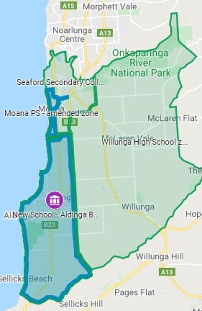 The new proposed high school zone for the Aldinga B-12 school, in the lower left.