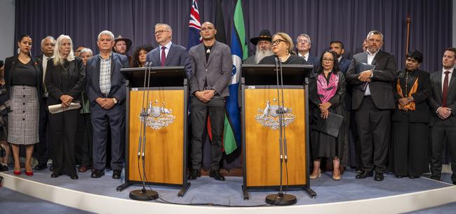 Anthony Albanese with members of the Referendum Working Group at Parliament house in Canberra on Thursday. Picture: Martin Ollman