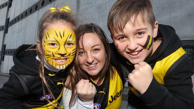 Richmond fans Ashlee Frendo with her daughter Aleera, 5 and son Riley, 9. Picture: Ian Currie