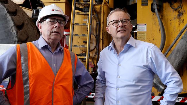 Anthony Albanese with a worker at the Mount Thorley Warkworth mine during a previous visit to the Hunter. Picture: Toby Zerna