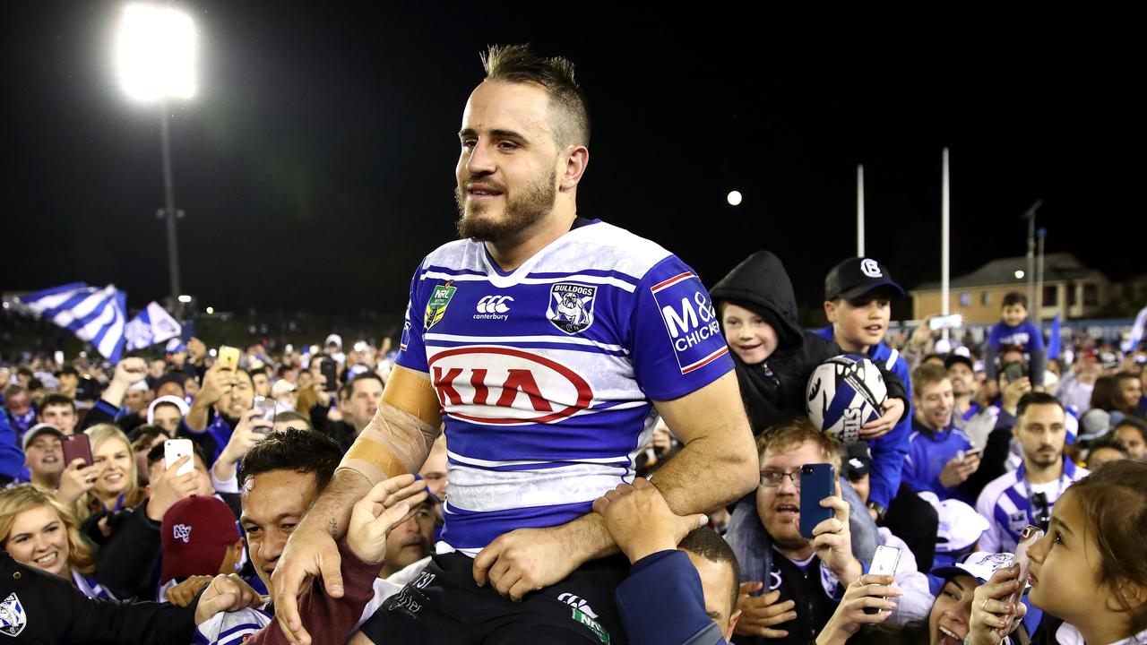 Josh Reynolds is chaired off the field after a Dogs’ win at Belmore
