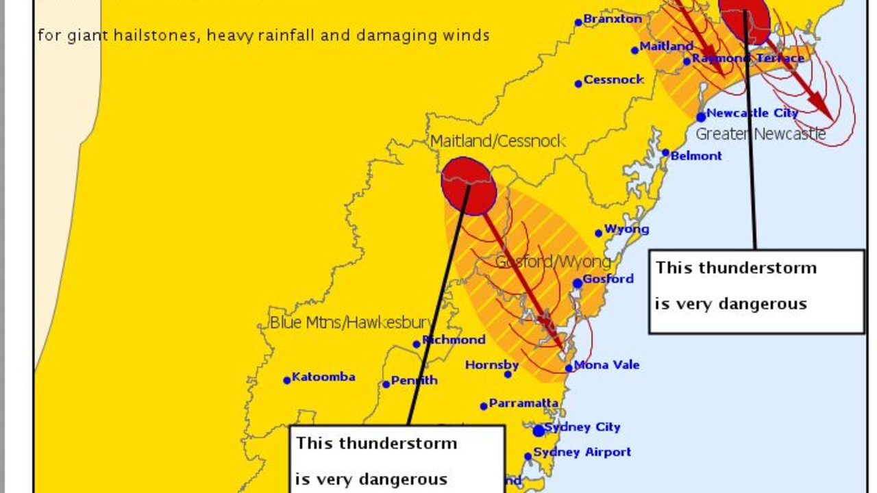 Two 'very dangerous' storms are heading towards the NSW coast between Sydney and Newcastle at 2.30pm. Picture: BOM.