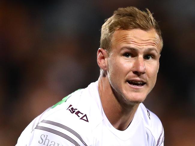 SYDNEY, AUSTRALIA - AUGUST 23: Daly Cherry-Evans of the Sea Eagles talks to team mates during the round 24 NRL match between the Wests Tigers and the Manly Sea Eagles at Campbelltown Sports Stadium on August 23, 2018 in Sydney, Australia.  (Photo by Cameron Spencer/Getty Images)