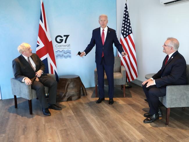 US President Joe Biden at a trilateral meeting with Scott Morrison and British Prime Minister Boris Johnson. Picture: Adam Taylor/PMO