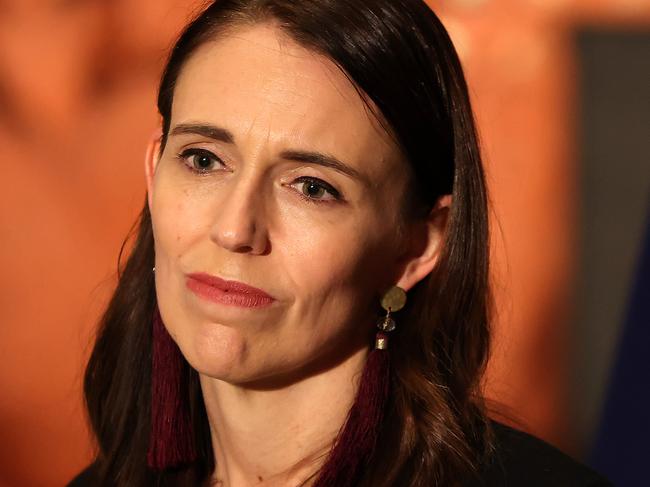 AUCKLAND, NEW ZEALAND - MARCH 26: New Zealand Prime Minister Jacinda Ardern holds a joint press conference with Cook Islands Prime Minister Mark Brown at the Auckland War Memorial Museum on March 26, 2021 in Auckland, New Zealand.Cook Islands Prime Minister Mark Brown is the first international leader to visit New Zealand since the COVID-19 border closure. (Photo by Phil Walter/Getty Images)