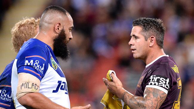 Corey Parker and Sam Kasiano exchange words after Thursday’s match.