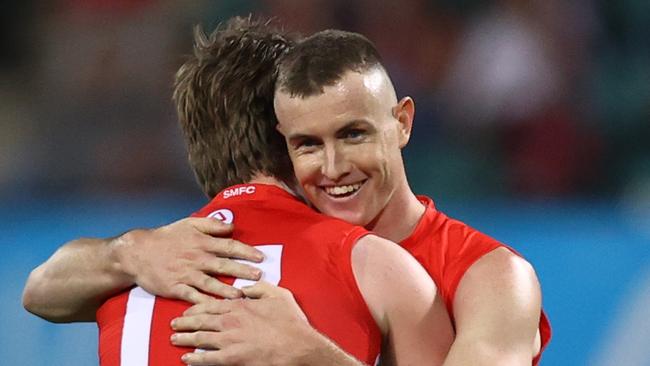 SYDNEY, AUSTRALIA - AUGUST 24: Chad Warner of the Swans celebrates kicking a goal during the round 24 AFL match between Sydney Swans and Adelaide Crows at Sydney Cricket Ground on August 24, 2024 in Sydney, Australia. (Photo by Jason McCawley/AFL Photos/via Getty Images)