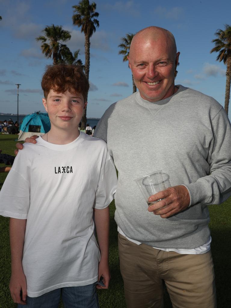 Liam Jerinic and Brodie McCorkell. Locals and visitors arrived early to get a good spot for the Geelong New Years Eve celebrations. Picture: Alan Barber