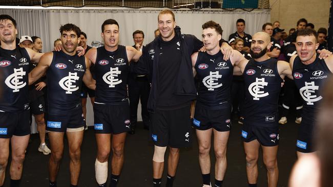 McKay (C) sang the team song with his Carlton teammates after their win over Port Adelaide. Picture: Getty