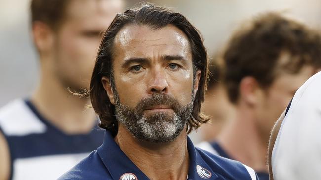 MELBOURNE, AUSTRALIA - APRIL 05: Senior coach Chris Scott of the Cats looks on during the 2021 AFL Round 03 match between the Geelong Cats and the Hawthorn Hawks at the Melbourne Cricket Ground on April 05, 2021 in Melbourne, Australia. (Photo by Dylan Burns/AFL Photos via Getty Images)