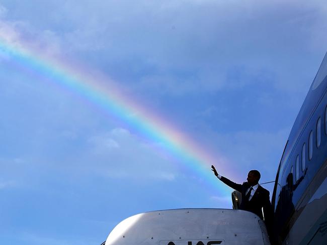 April 9, 2015: “The President’s wave aligns with a rainbow as he boards Air Force One at Norman Manley International Airport prior to departure from Kingston, Jamaica.” Picture: Official White House Photo by Pete Souza