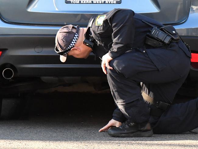 Police looking under cars as they searched the Woolworths carpark where the boy, 16, was stabbed. Picture: AAP Image/Peter Rae