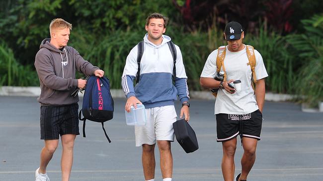 Tom Dearden, Patrick Carrigan and Jamayne Isaako arrive at Broncos training