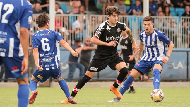 Josh Mori scored Raiders’ opener in the 7-2 thrashing of West Adelaide. Picture: Adam Butler