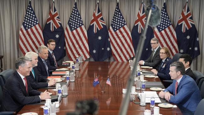 Defence Minister Richard Marles, flanked by ambassador Kevin Rudd, meets US Secretary of Defence Pete Hegseth at the Pentagon. Picture: Oliver Contreras/AFP