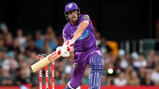 James Faulkner of the Hurricanes plays a shot during the Big Bash League match between the Brisbane Heat and the Hobart Hurricanes at The Gabba, on December 27, 2020, in Brisbane, Australia. (Photo by Bradley Kanaris/Getty Images)