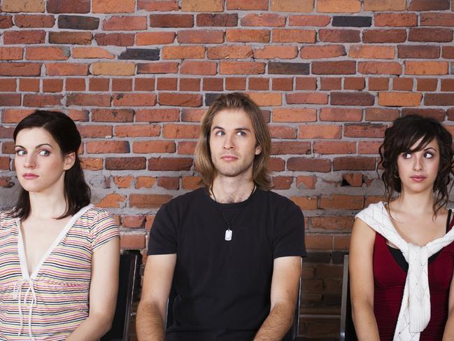 RendezView. Awkward. Three person sitting in a waiting room and showing different expression. Concepts: waiting room, relationship, expression, emotions. White background.