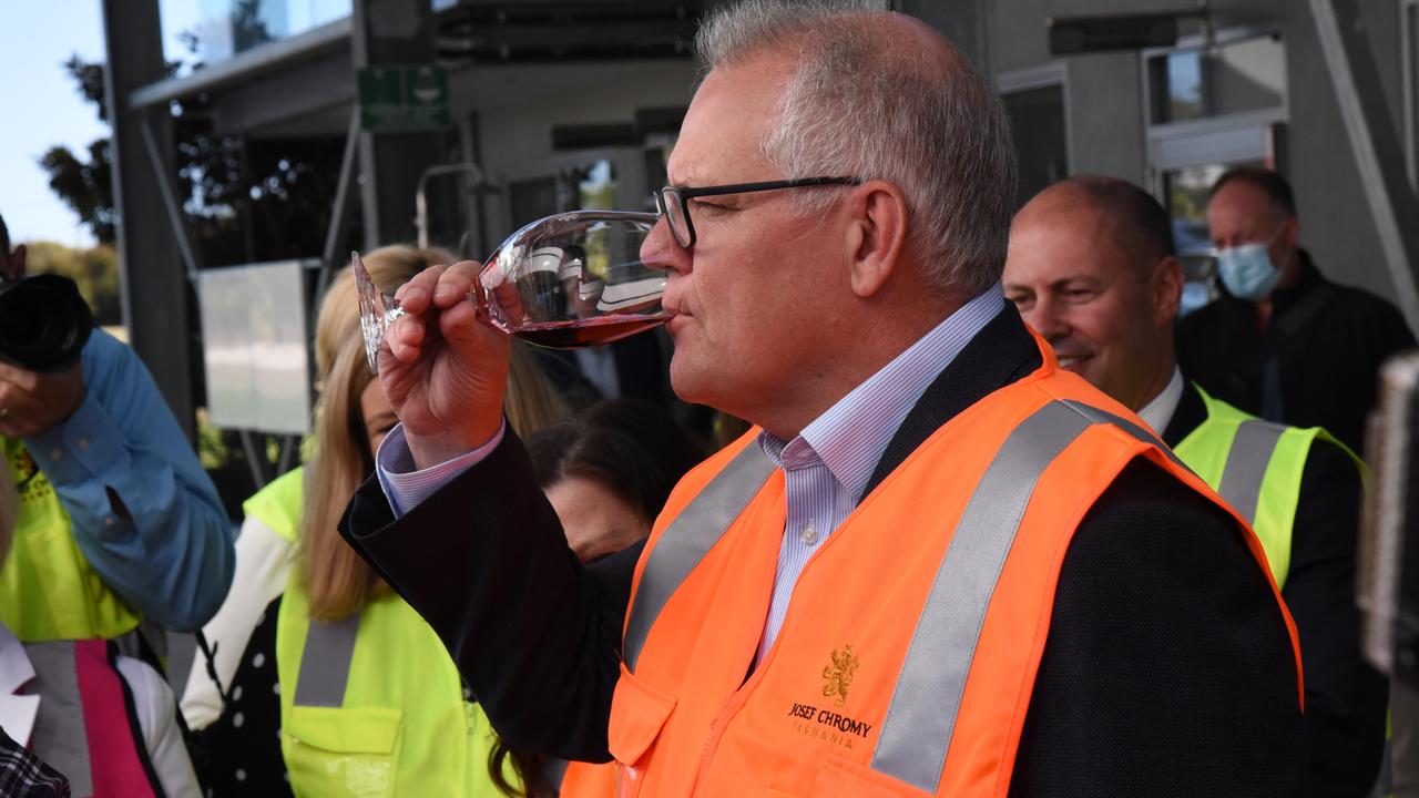 Prime Minister Scott Morrison sampling the pinot noir at Josef Chromy Wines, 21/02/2022. Picture: Alex