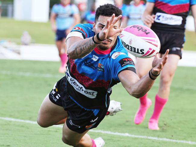 Robert Derby stretches out for the ball in the Hostplus Cup Queensland Rugby League (QRL) match between the Northern Pride and the Western Clydesdales, held at Barlow Park. Picture: Brendan Radke