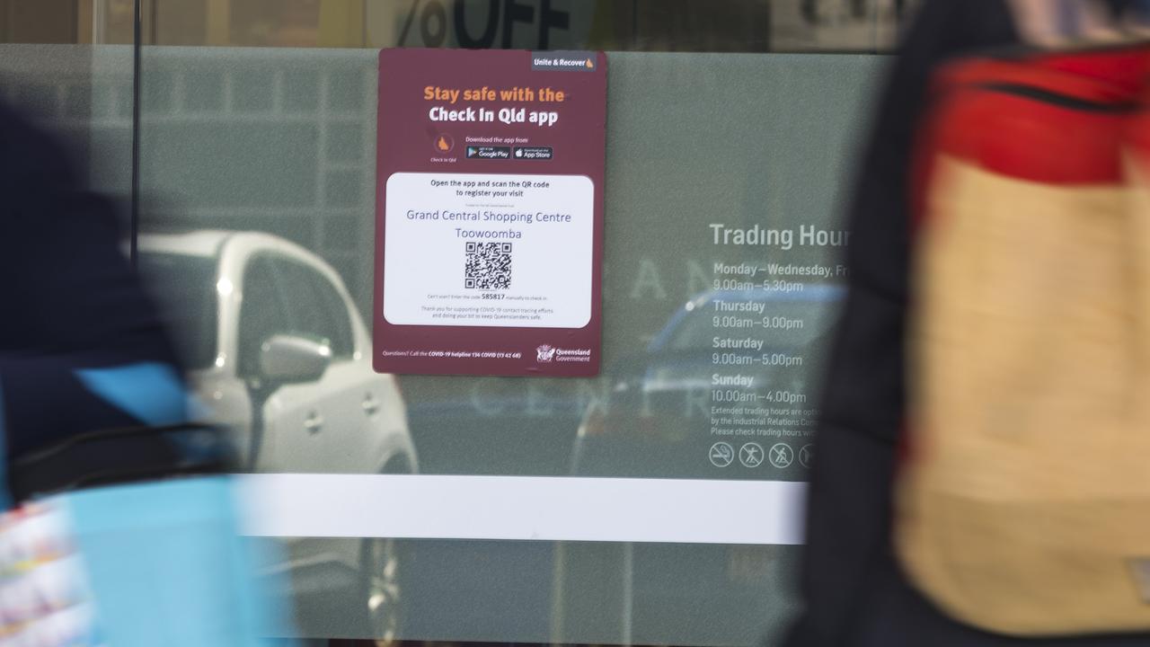 A QR check in code at Grand Central in Toowoomba. Picture: Kevin Farmer