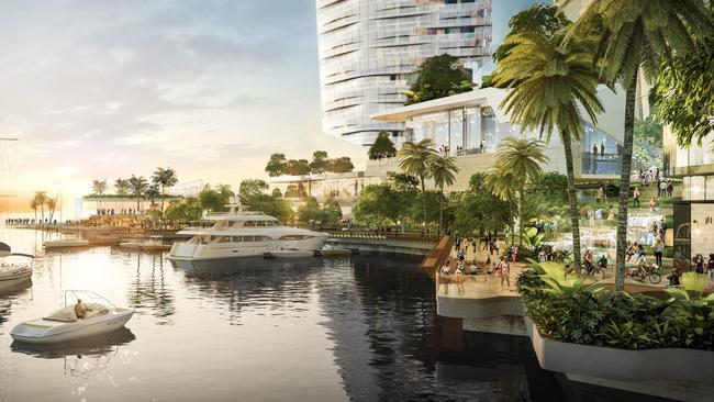 Artist impression of the waterfront promenade, tiered gardens, beaches, waterfalls and other features.