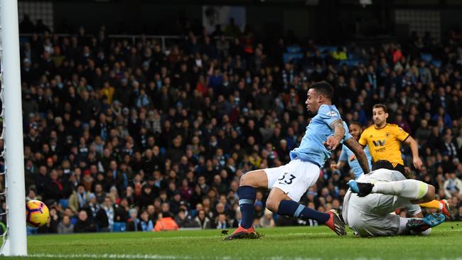 Gabriel Jesus scores Manchester City’s first goal against Wolverhampton Wanderers at Etihad Stadium. Picture: Getty Images