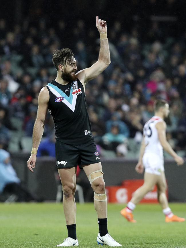 Power forward Charlie Dixon celebrates a fourth-quarter goal agaisnt St Kilda. Picture Sarah Reed