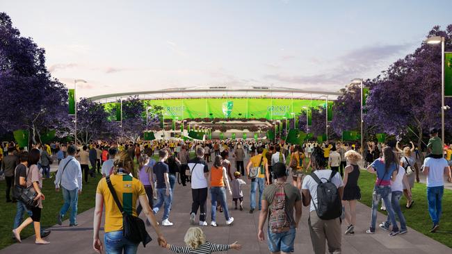 An artist impression of the north eastern view as a major revitalisation of Woolloongabba and The Gabba Stadium.