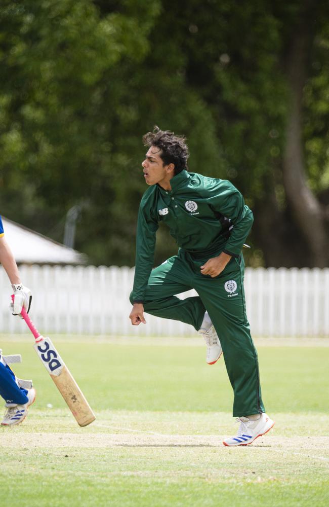 D'Arcy Satharasinghe bowls for Brisbane Boys College (BBC) against Toowoomba Grammar School (TGS) in round 1. Picture: Kevin Farmer