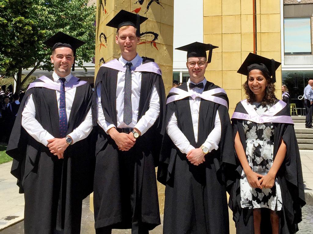 Medicine graduates, from left, Aram Cox, Will Thomas, Glenn Broadby and Mehr Gupta. Picture: SUPPLIED