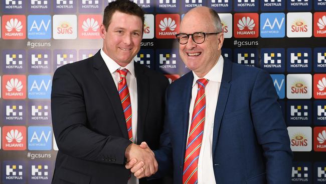 Gold Coast Suns chairman Tony Cochrane (right) with coach Stuart Dew. Picture: AAP Images