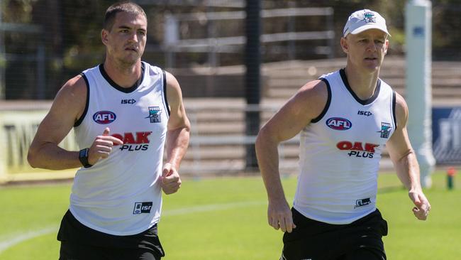 Tom Rockliff and Robbie Gray at Port Adelaide training. Picture: AAP Images