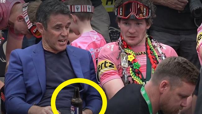 Fittler was spotted with an open beer before they crossed to him. Photo: Nine.