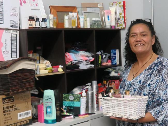 Gayle Joyce, with supplies given to victims of domestic violence, Gayle closes her cafe Poetic Justice every Monday to volunteer at the shed. Picture Jason Katsaras